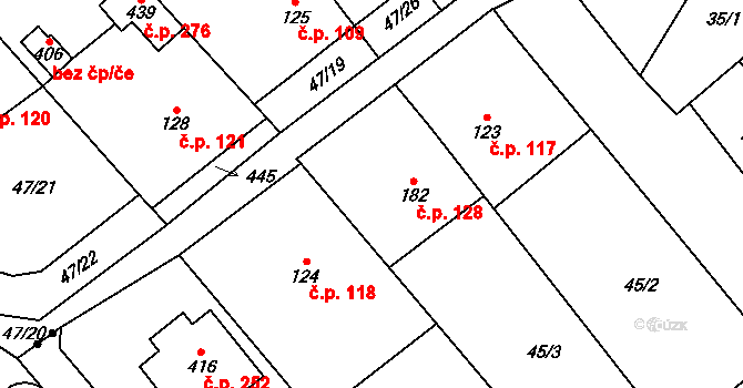 Přerov XI-Vinary 128, Přerov na parcele st. 182 v KÚ Vinary u Přerova, Katastrální mapa