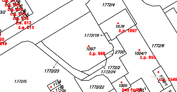Tišnov 958 na parcele st. 1097 v KÚ Tišnov, Katastrální mapa