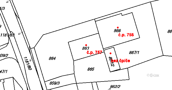 Ždánice 757 na parcele st. 863 v KÚ Ždánice, Katastrální mapa