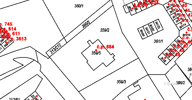 Vyškov-Předměstí 584, Vyškov na parcele st. 359/5 v KÚ Vyškov, Katastrální mapa
