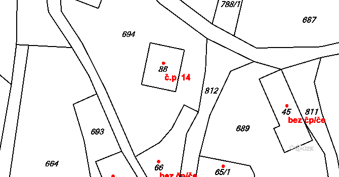 Kácovská Lhota 14, Tichonice na parcele st. 88 v KÚ Soušice, Katastrální mapa