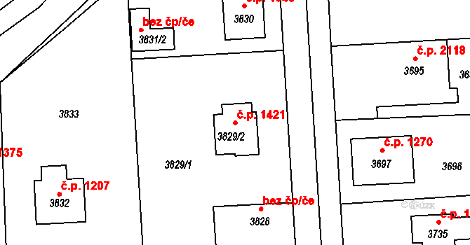 Úvaly 1421 na parcele st. 3829/2 v KÚ Úvaly u Prahy, Katastrální mapa