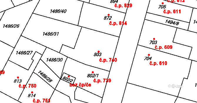 Třebechovice pod Orebem 740 na parcele st. 803 v KÚ Třebechovice pod Orebem, Katastrální mapa