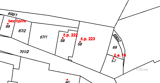 Vrbice 223, Mšené-lázně na parcele st. 58 v KÚ Vrbice u Mšeného-lázní, Katastrální mapa