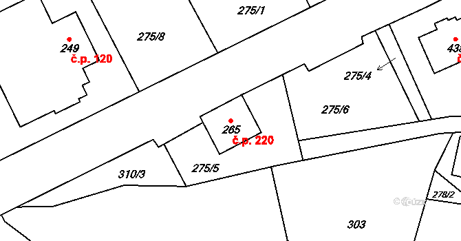 Chuchelna 220 na parcele st. 265/1 v KÚ Chuchelna, Katastrální mapa