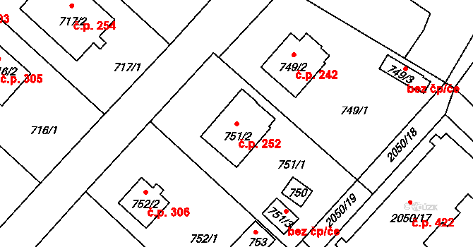 Strkov 252, Planá nad Lužnicí na parcele st. 751/2 v KÚ Planá nad Lužnicí, Katastrální mapa