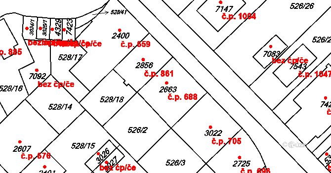Borovina 688, Třebíč na parcele st. 2663 v KÚ Třebíč, Katastrální mapa