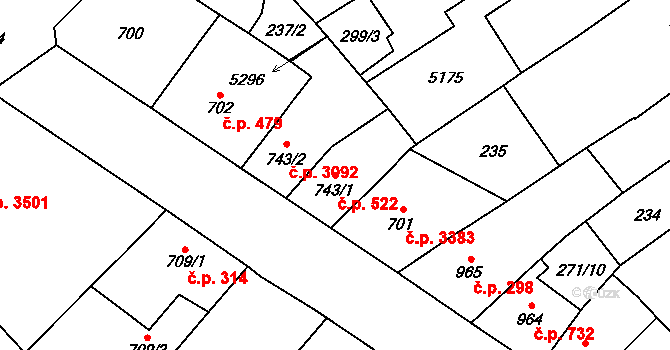 Břeclav 522 na parcele st. 743/1 v KÚ Břeclav, Katastrální mapa