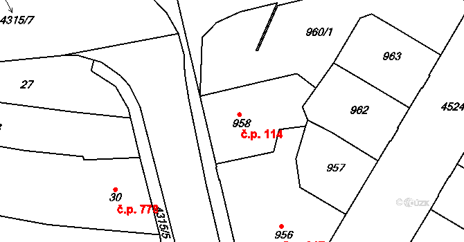 Teplice 114 na parcele st. 958 v KÚ Teplice, Katastrální mapa
