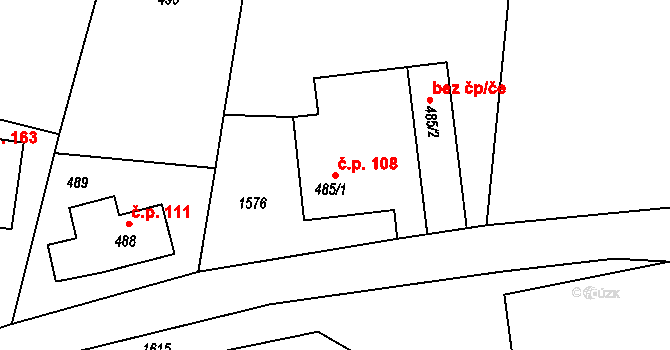 Tušť 108, Suchdol nad Lužnicí na parcele st. 485/1 v KÚ Tušť, Katastrální mapa