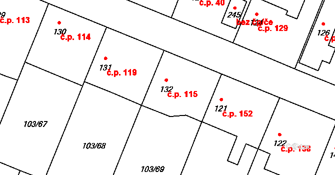 Břežany II 115 na parcele st. 132 v KÚ Břežany II, Katastrální mapa