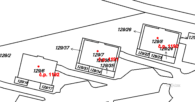 Jilemnice 1191 na parcele st. 129/7 v KÚ Jilemnice, Katastrální mapa