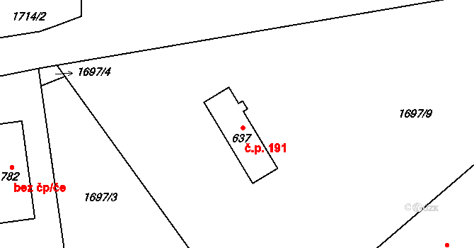 Dolní Kralovice 191 na parcele st. 637 v KÚ Dolní Kralovice, Katastrální mapa