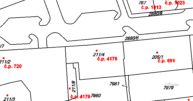 Hodonín 4176 na parcele st. 211/4 v KÚ Hodonín, Katastrální mapa