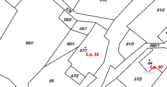 Gručovice 32, Březová na parcele st. 47/1 v KÚ Gručovice, Katastrální mapa