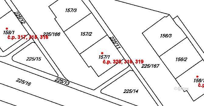 Meziboří 318,319,320 na parcele st. 157/1 v KÚ Meziboří u Litvínova, Katastrální mapa
