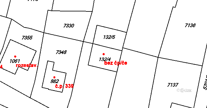 Hrádek 50497863 na parcele st. 132/4 v KÚ Hrádek u Znojma, Katastrální mapa