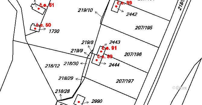 Sezimovo Ústí 91 na parcele st. 2443 v KÚ Sezimovo Ústí, Katastrální mapa