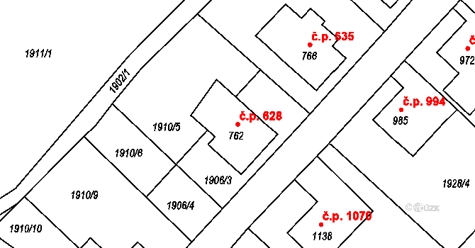 Krásná Lípa 628 na parcele st. 762 v KÚ Krásná Lípa, Katastrální mapa