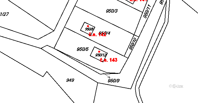 Olomučany 143 na parcele st. 950/12 v KÚ Olomučany, Katastrální mapa