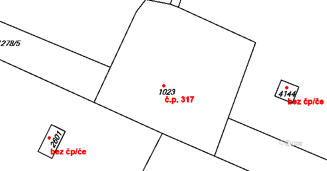 Plešivec 317, Český Krumlov na parcele st. 1023 v KÚ Český Krumlov, Katastrální mapa