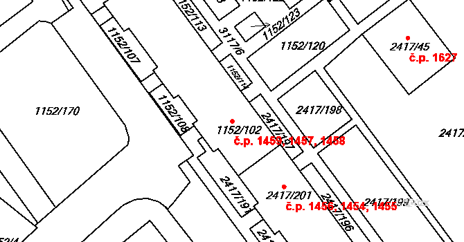 Rychnov nad Kněžnou 1457,1458,1459 na parcele st. 1152/102 v KÚ Rychnov nad Kněžnou, Katastrální mapa
