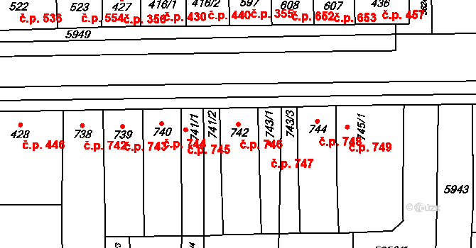 Hrušovany nad Jevišovkou 746 na parcele st. 742 v KÚ Hrušovany nad Jevišovkou, Katastrální mapa