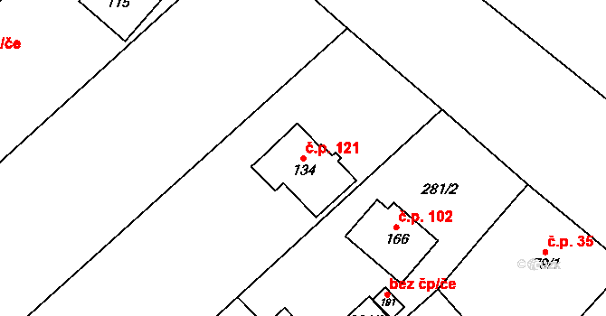 Skoky 121, Dolní Újezd na parcele st. 134 v KÚ Skoky u Staměřic, Katastrální mapa
