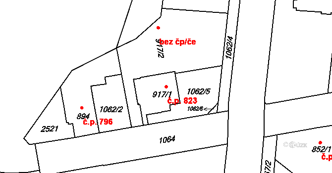 Hranice I-Město 823, Hranice na parcele st. 917/1 v KÚ Hranice, Katastrální mapa