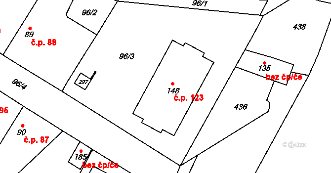 Kouty 123 na parcele st. 148 v KÚ Kouty u Poděbrad, Katastrální mapa