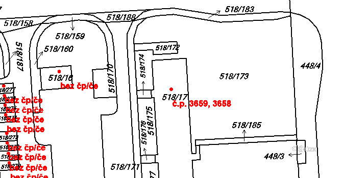 Mšeno nad Nisou 3658,3659, Jablonec nad Nisou na parcele st. 518/17 v KÚ Mšeno nad Nisou, Katastrální mapa