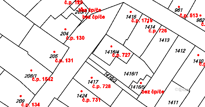 Mikulov 727 na parcele st. 1416/4 v KÚ Mikulov na Moravě, Katastrální mapa