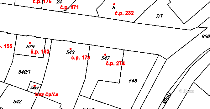 Milovice 274 na parcele st. 547 v KÚ Milovice nad Labem, Katastrální mapa