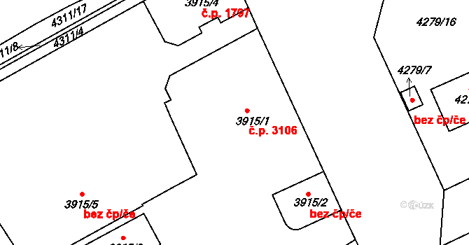 Teplice 3106 na parcele st. 3915/1 v KÚ Teplice, Katastrální mapa
