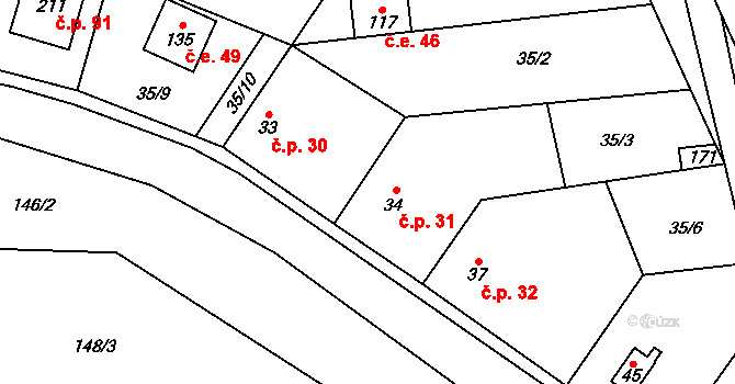 Borek 31 na parcele st. 34/1 v KÚ Borek nad Labem, Katastrální mapa