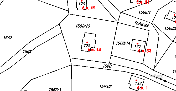 Zavlekov 14 na parcele st. 178 v KÚ Zavlekov, Katastrální mapa