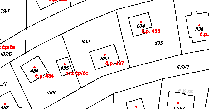 Vinoř 497, Praha na parcele st. 832 v KÚ Vinoř, Katastrální mapa