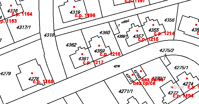 Záběhlice 1216, Praha na parcele st. 4359 v KÚ Záběhlice, Katastrální mapa