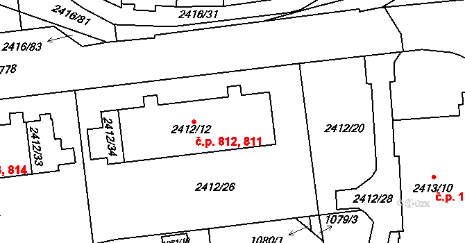 Hostivař 811,812, Praha na parcele st. 2412/12 v KÚ Hostivař, Katastrální mapa