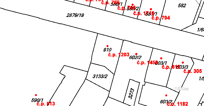 Hodonín 1203 na parcele st. 910 v KÚ Hodonín, Katastrální mapa