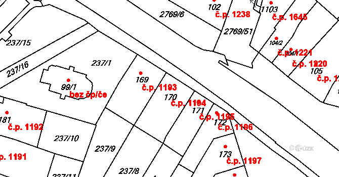 Ivančice 1194 na parcele st. 170 v KÚ Kounické Předměstí, Katastrální mapa
