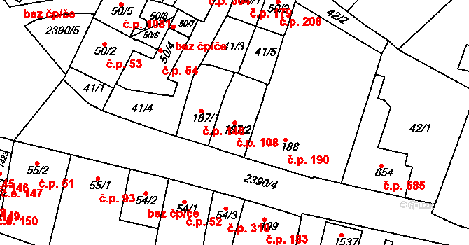 Rosice 108 na parcele st. 187/2 v KÚ Rosice u Brna, Katastrální mapa