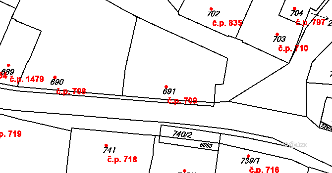 Rosice 709 na parcele st. 691 v KÚ Rosice u Brna, Katastrální mapa