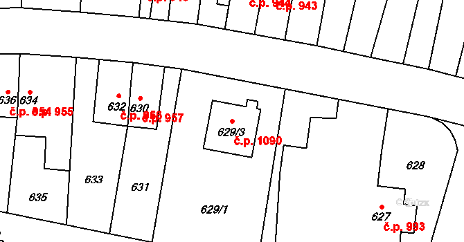 Šumbark 1090, Havířov na parcele st. 629/3 v KÚ Šumbark, Katastrální mapa