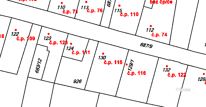 Velký Osek 115 na parcele st. 130 v KÚ Velký Osek, Katastrální mapa