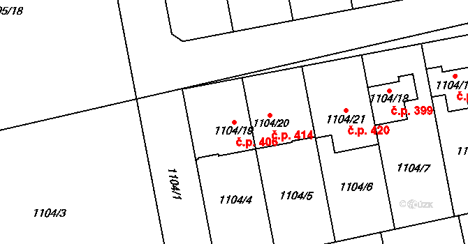 Grygov 406 na parcele st. 1104/19 v KÚ Grygov, Katastrální mapa