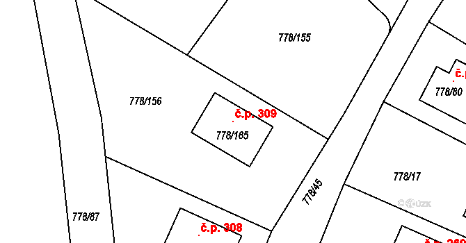 Frymburk 309 na parcele st. 778/165 v KÚ Frymburk, Katastrální mapa