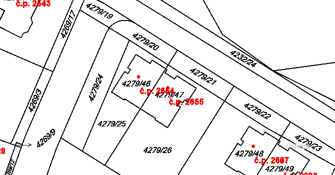 Horní Počernice 2655, Praha na parcele st. 4279/47 v KÚ Horní Počernice, Katastrální mapa