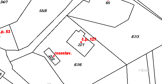 Buková u Příbramě 127 na parcele st. 221 v KÚ Buková u Příbramě, Katastrální mapa