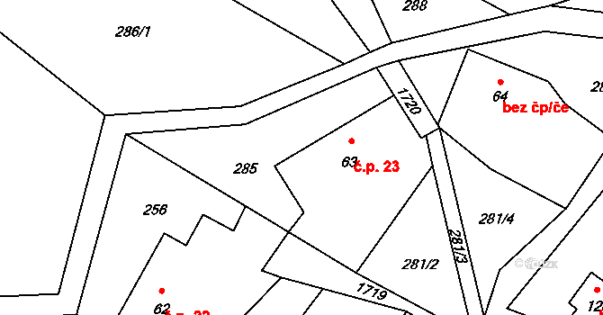Huntířov 23 na parcele st. 63 v KÚ Huntířov u Děčína, Katastrální mapa